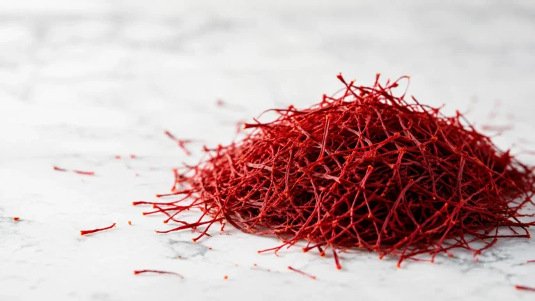 Close-up of premium Super Negin saffron threads with long, thick, deep red strands