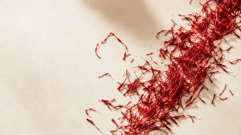 Authentic high-quality saffron threads on a light background