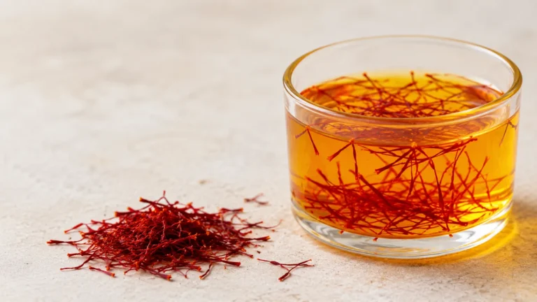 Premium saffron threads blooming in a clear glass with golden saffron infusion on a bright minimal background