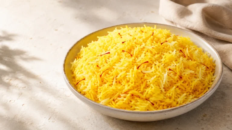 Golden saffron rice made with fluffy basmati rice and topped with delicate saffron threads