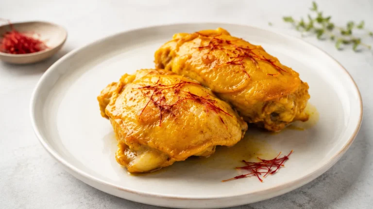 Golden saffron chicken with premium red saffron threads on a ceramic plate