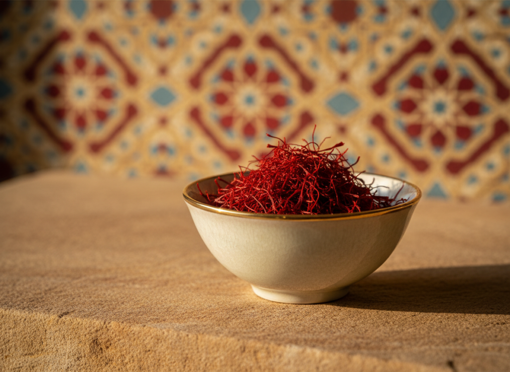 Persian saffron threads in a bowl with Persian-inspired background