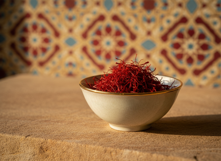 Persian saffron threads in a bowl with Persian-inspired background