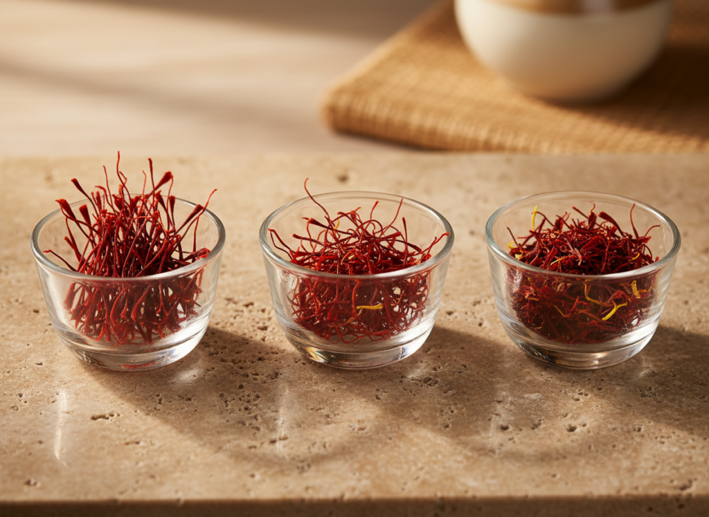Super Negin, Negin and Sargol saffron grades shown side by side in three glass dishes
